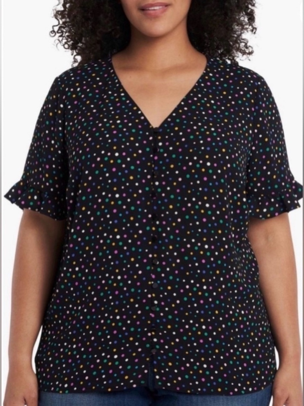 cece ruffle short sleeves black with multicolor polka dots top size medium